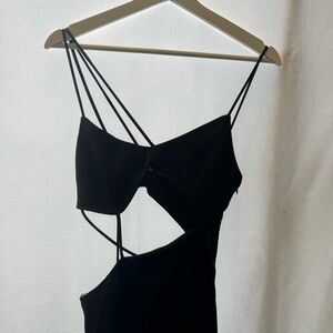 Zara Black Satin Slip Asymmetric Cutout Midi Dress Size Small Pre-Owned